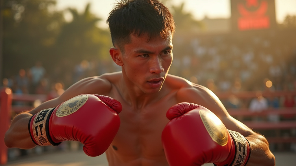 Pratiquant de boxe thaïlandaise en pleine action dans un dojo