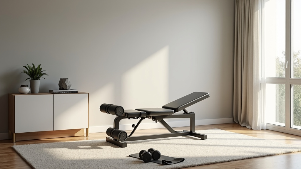 Intérieur de home gym moderne avec banc de musculation et équipements
