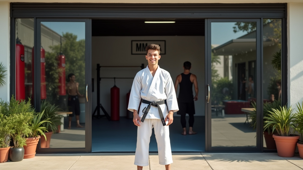 Intérieur d'un club de MMA bien équipé avec des sacs de frappe et des tapis de lutte