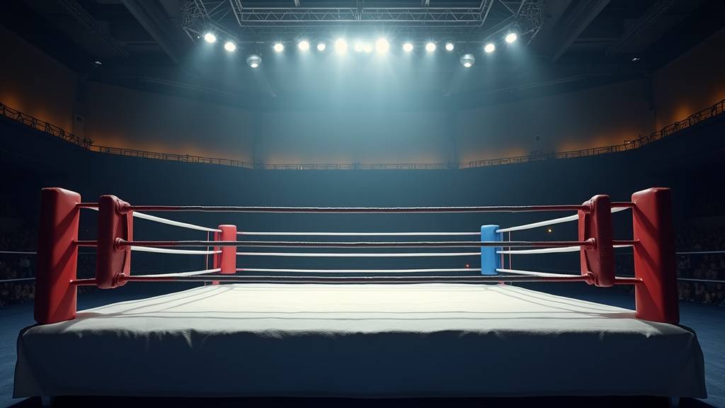 Ring de boxe professionnel utilisé lors d'un combat dans un gymnase