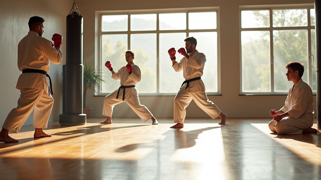 Intérieur d'un dojo moderne avec des pratiquants de différents arts martiaux