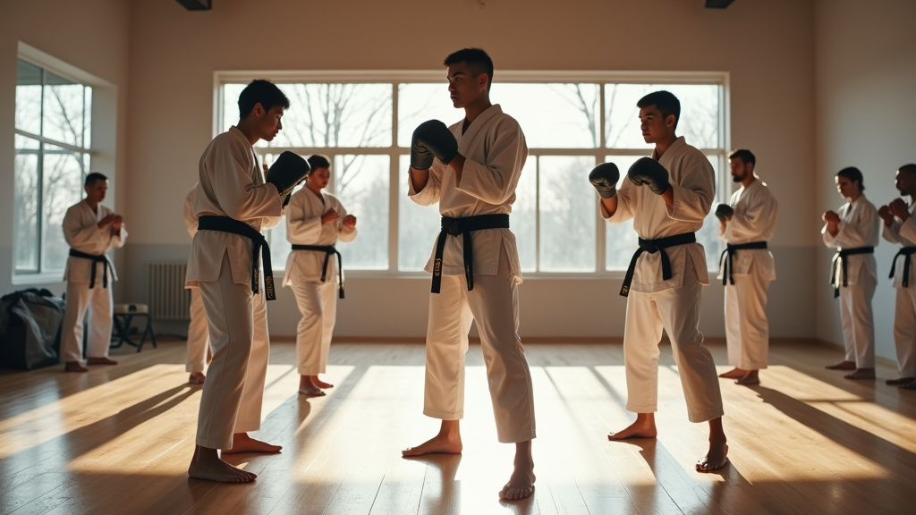 Athlètes de différents arts martiaux dans un dojo moderne