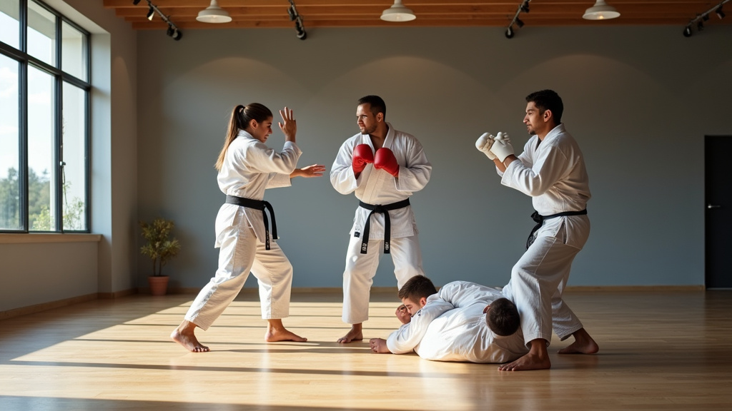Pratiquants de différents sports de combat s'entraînant ensemble dans une salle