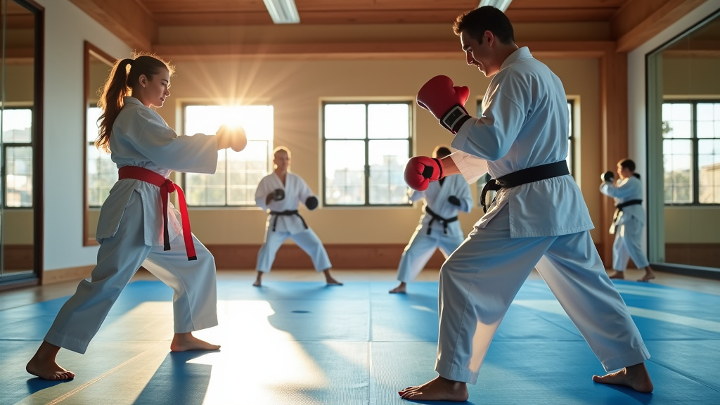 Athlètes pratiquant différents sports de combat dans une salle d'entraînement