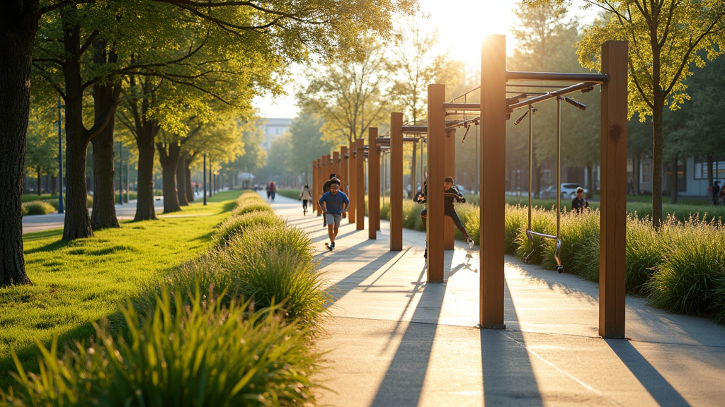 Famille utilisant un parcours sportif extérieur dans un parc urbain