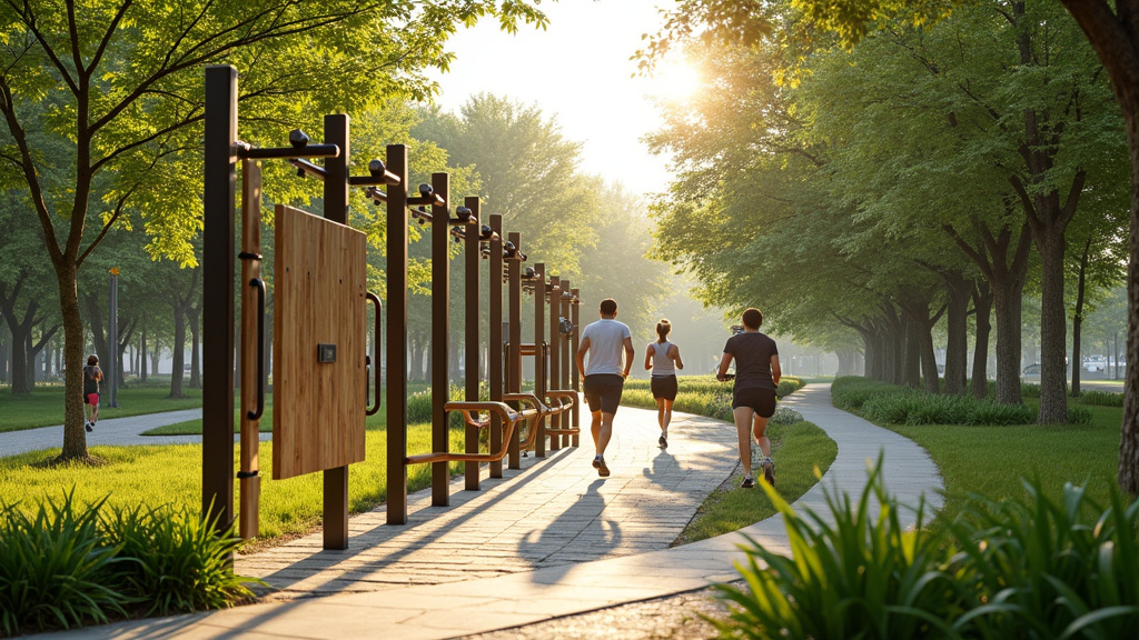 Techniciens installant un parcours sportif extérieur dans un parc