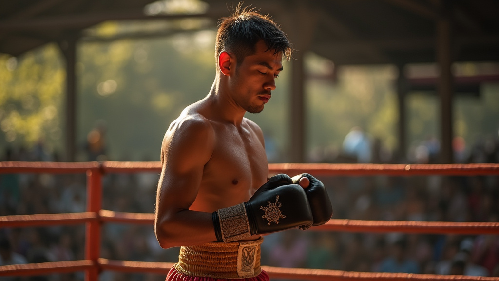 Ancien combattant de Muay Thai en tenue traditionnelle thaïlandaise