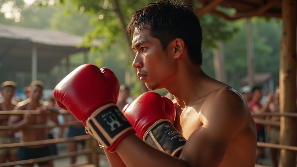 Combattant de Muay Thai en pleine action dans un ring traditionnel thaïlandais