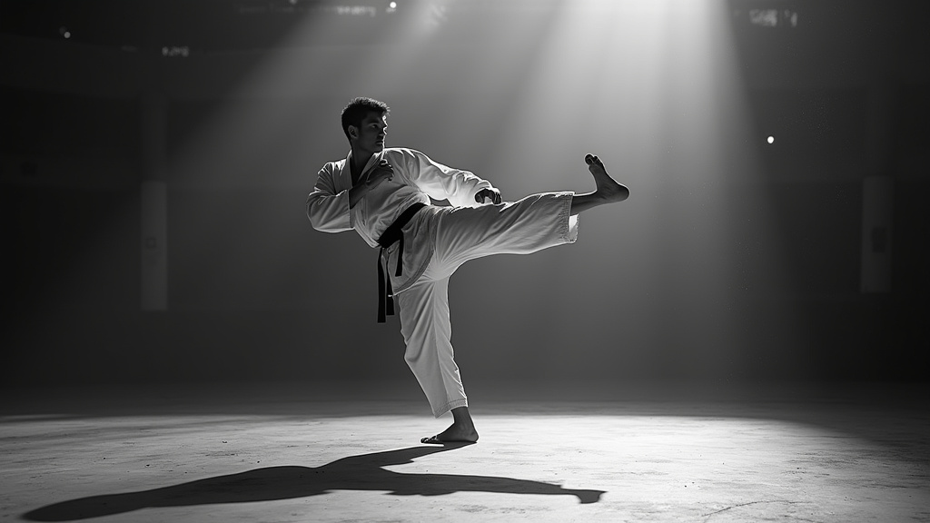 Andy Hug en pleine action de combat, démontrant sa puissance et sa technique