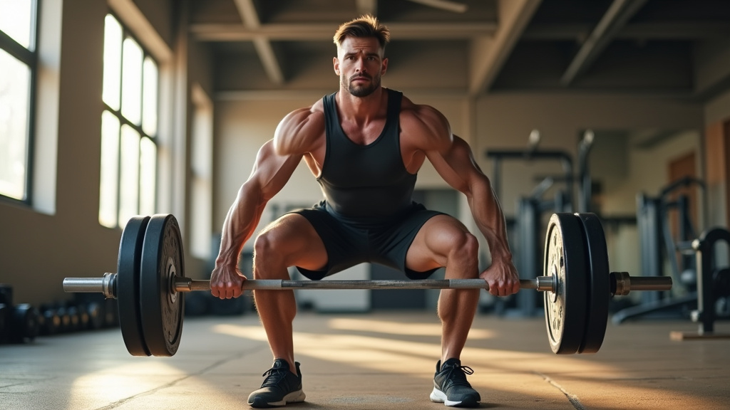 Athlète réalisant un squat avec barre dans une salle de musculation
