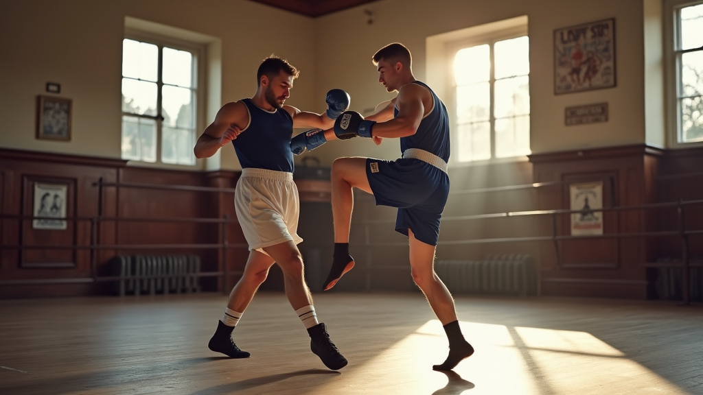 Pratiquant de savate boxe française en pleine action dans une salle de sport moderne